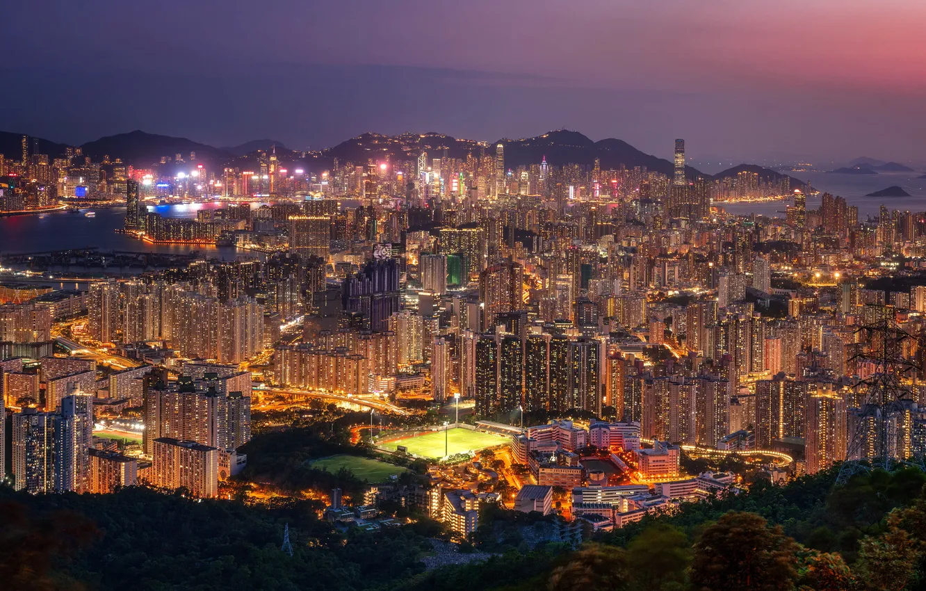 Фото обои ночь, город, Hong Kong
