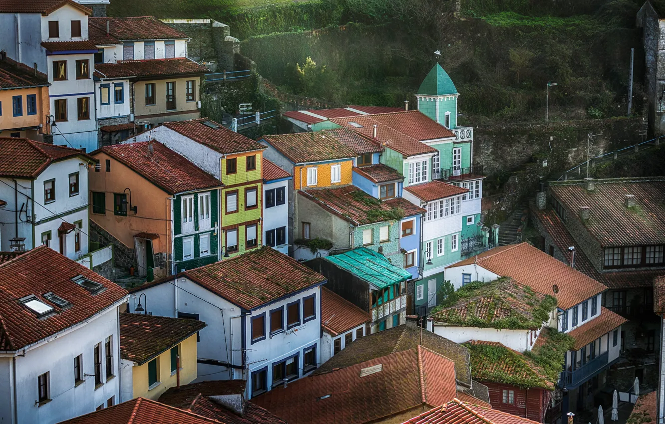 Фото обои дома, склон, Испания, Астурия, Кудильеро