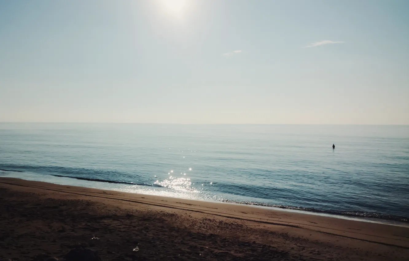 Фото обои солнце, пейзаж, океан, берег, горизонт, день