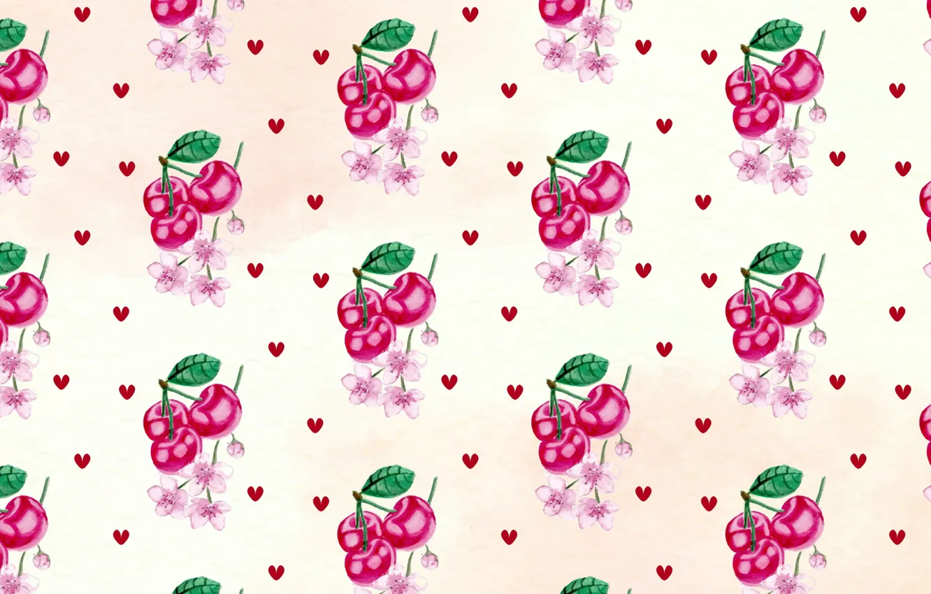 Фото обои цветы, вишня, фон, текстура, сердечки, Cherry, pattern, hearts