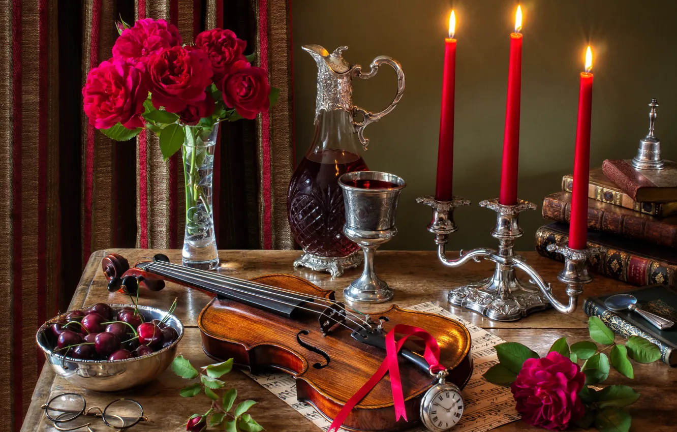 Фото обои цветы, стиль, ягоды, ноты, вино, скрипка, часы, бокал