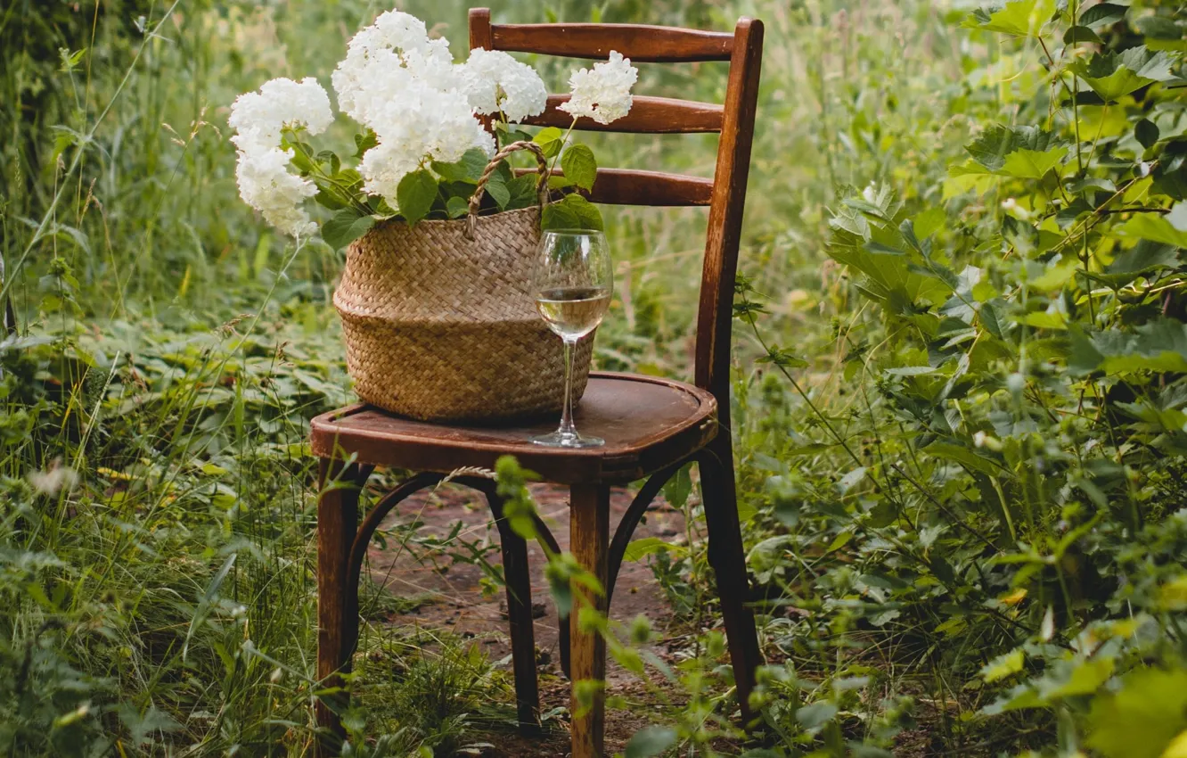 Фото обои цветы, вино, корзина, бокал, гортензия