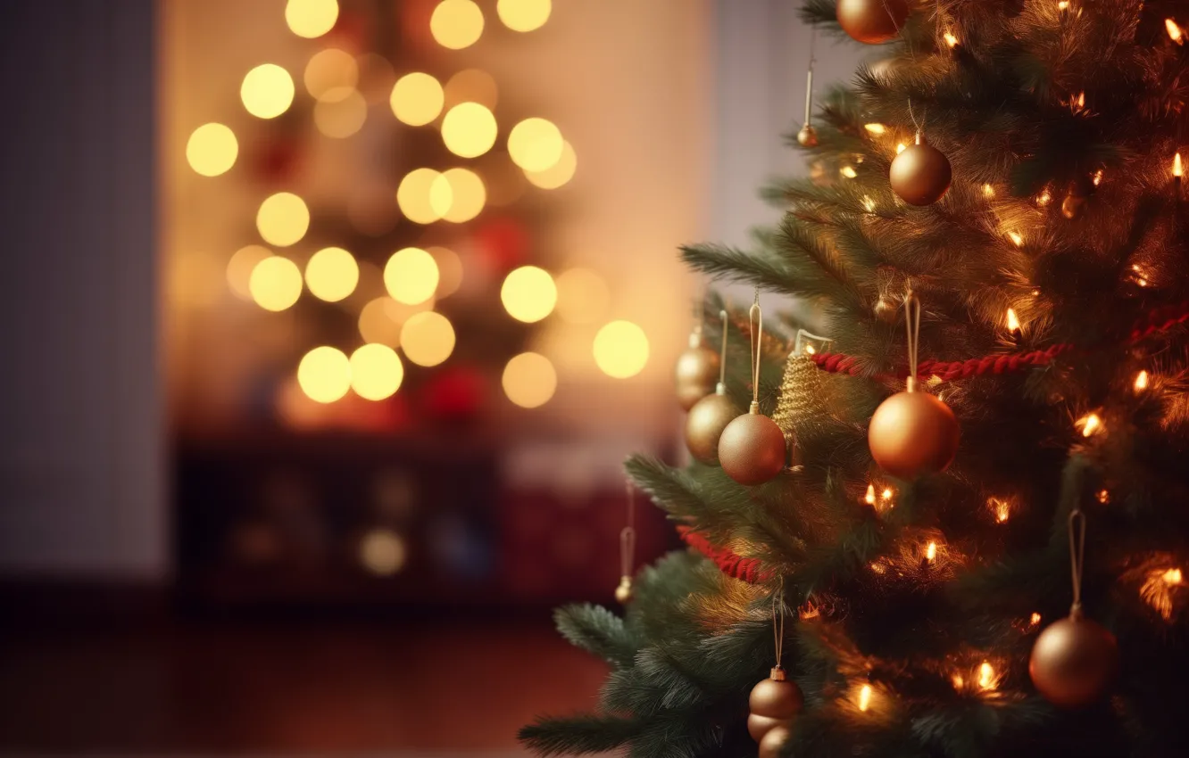 Фото обои украшения, шары, елка, Новый Год, Рождество, golden, new year, happy