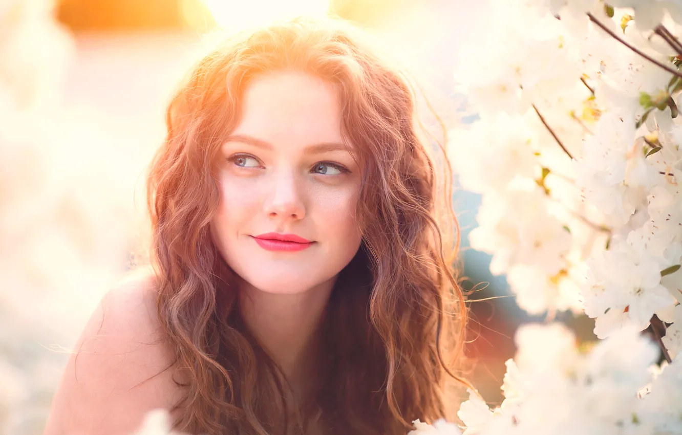 Фото обои улыбка, макияж, девочка, цветение, child photography, White Flowers