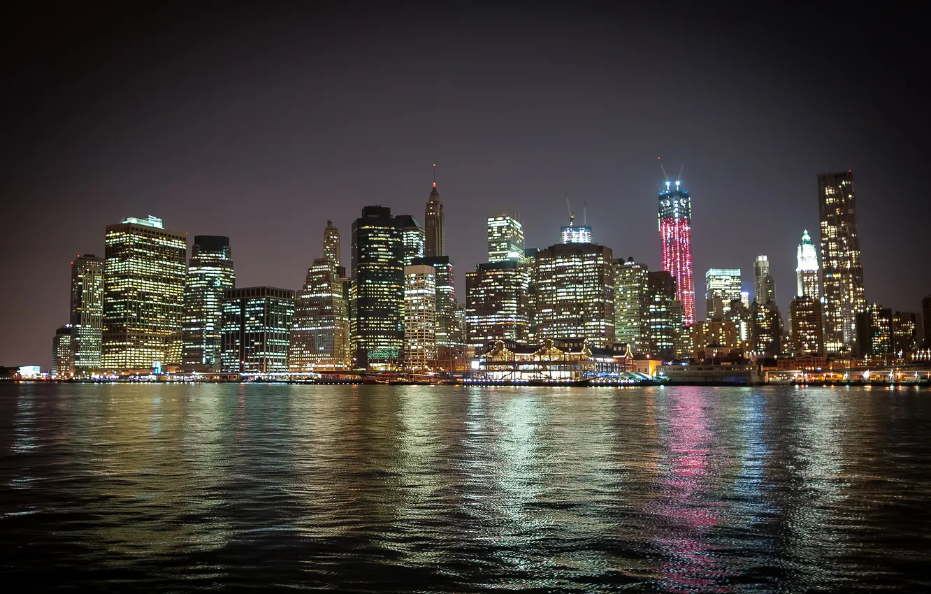 Фото обои ночь, город, Нью-Йорк, небоскребы, панорамма