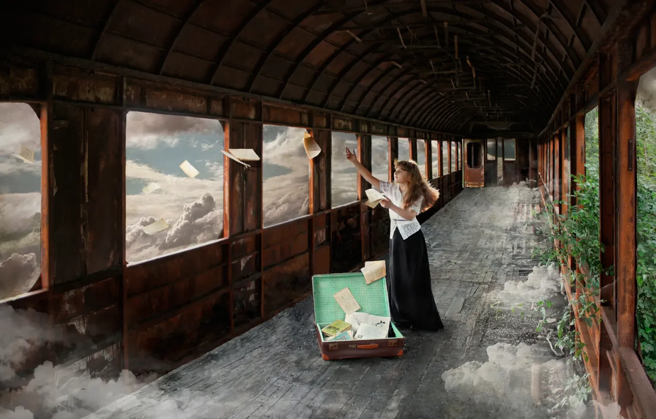 Фото обои девушка, облака, фантазия, книги, арт, вагон, чемодан, страницы