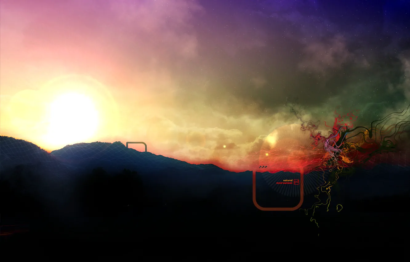 Фото обои цвета, солнце, горы, абстракция, сетка