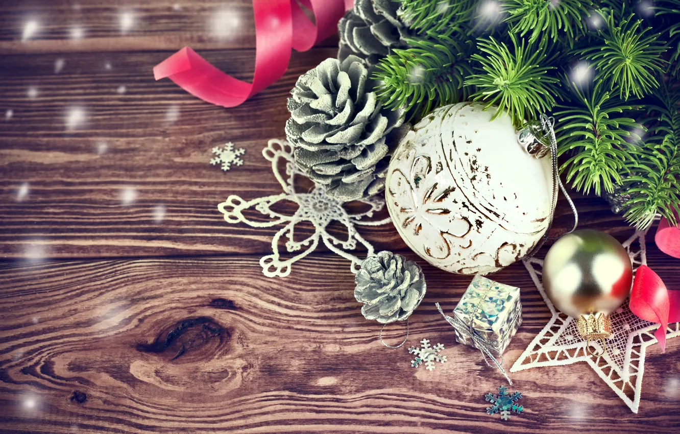 Фото обои украшения, ветки, шары, елка, Новый Год, Рождество, Christmas, wood