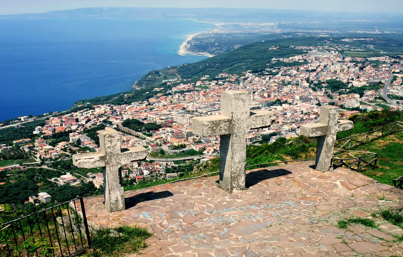 Фото обои city, sky, sea, Italy, Calabria, Palmi, Monte Sant'Elia, Tree Cross