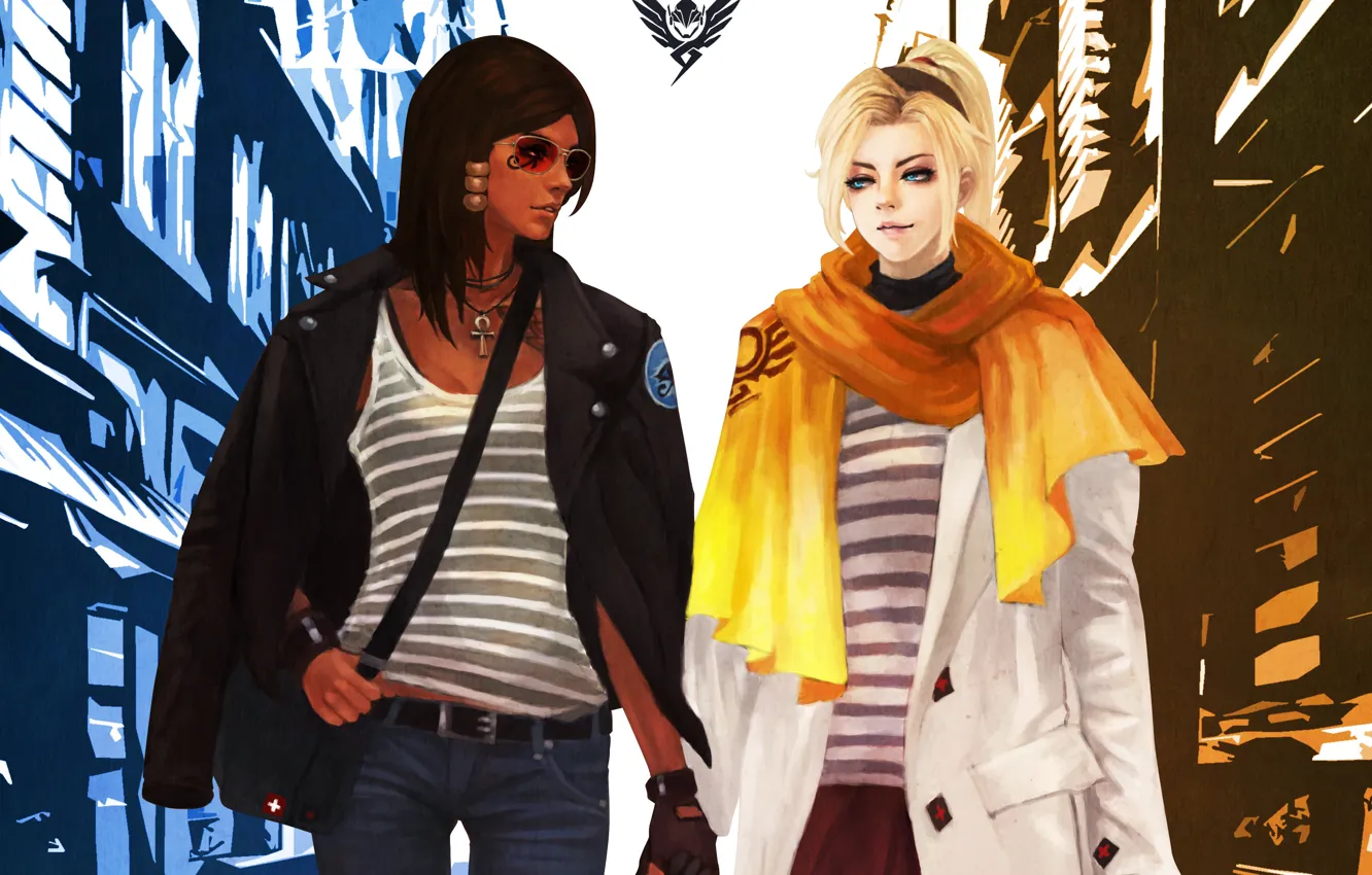 Фото обои девушка, art, overwatch, Mercy, Angela Ziegler, pharah, Fareeha Amari