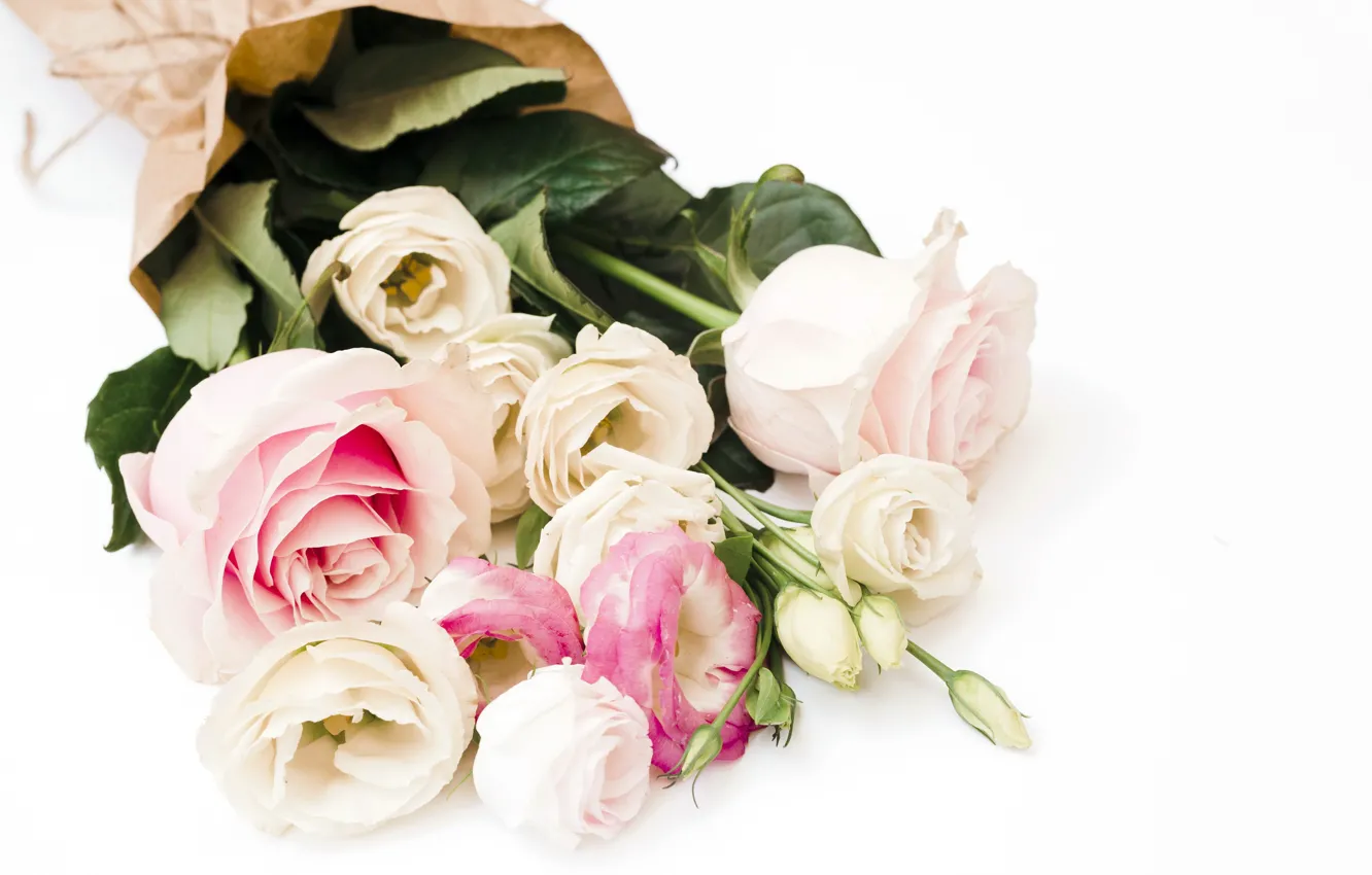 Фото обои цветы, розы, букет, pink, flowers, roses, эустома, eustoma
