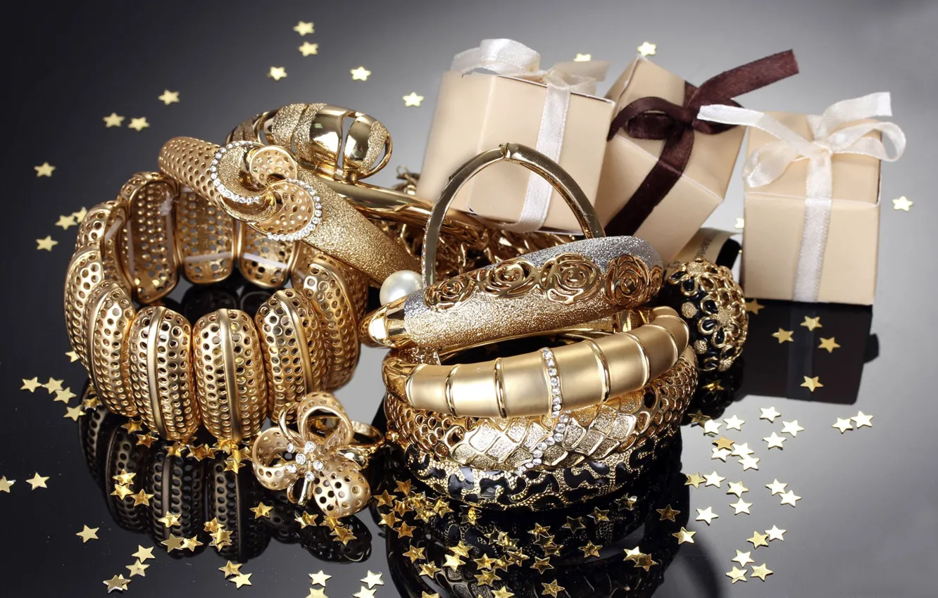 Фото обои украшения, золото, кольцо, лента, браслеты, коробки