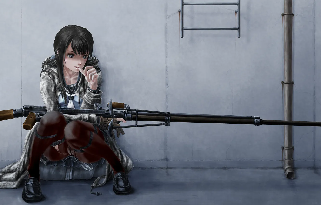 Фото обои девушка, задумчивость, оружие, арт, винтовка, сидя, bittersweet6968