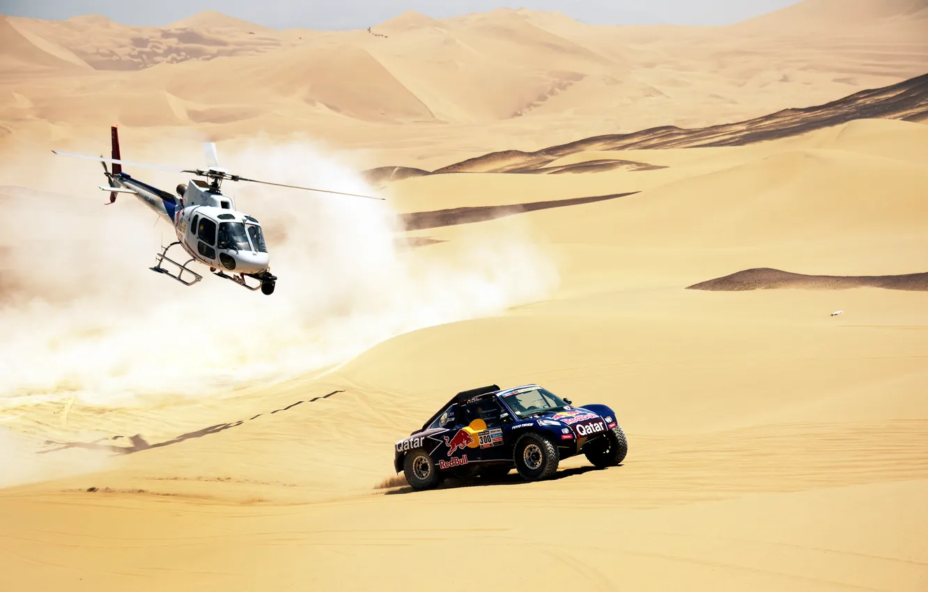 Фото обои песок, Спорт, Машина, Скорость, Вертолет, Гонка, Red Bull, Rally