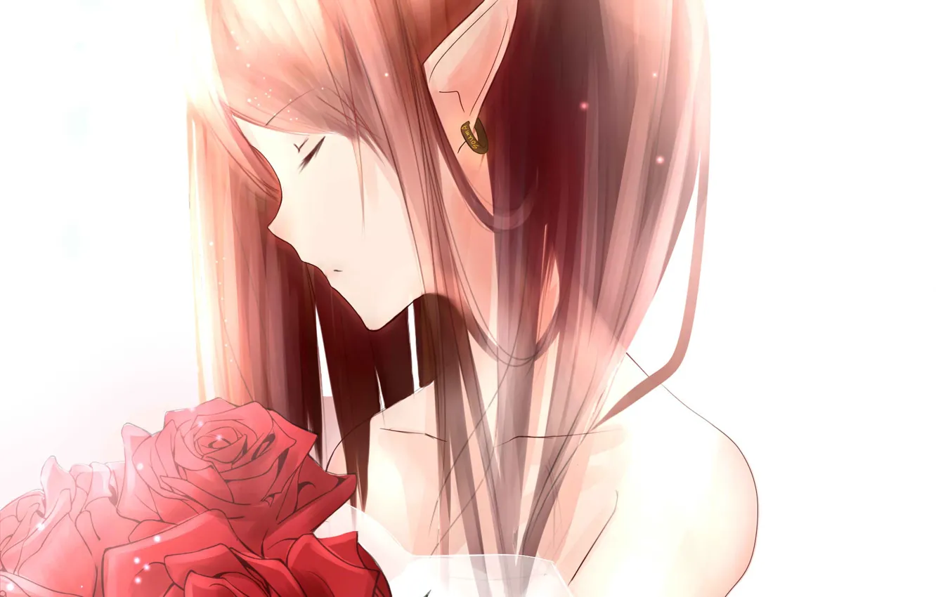 Фото обои рыжая, серьга, закрытые глаза, красные розы, остроухая, шея плечи, elf girl, эльфийкка