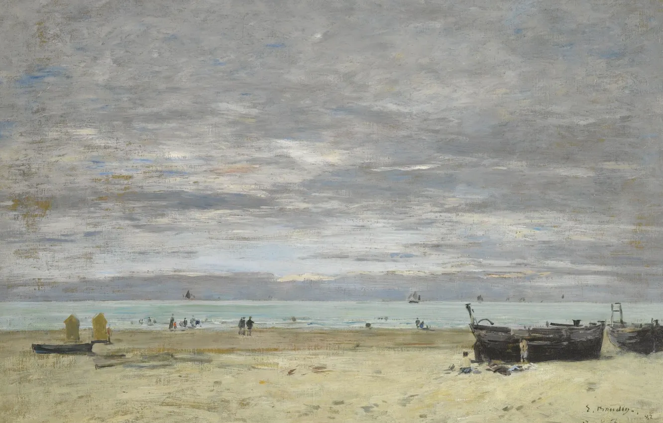 Фото обои пейзаж, картина, Эжен Буден, Eugene Boudin, Лодки на Пляже