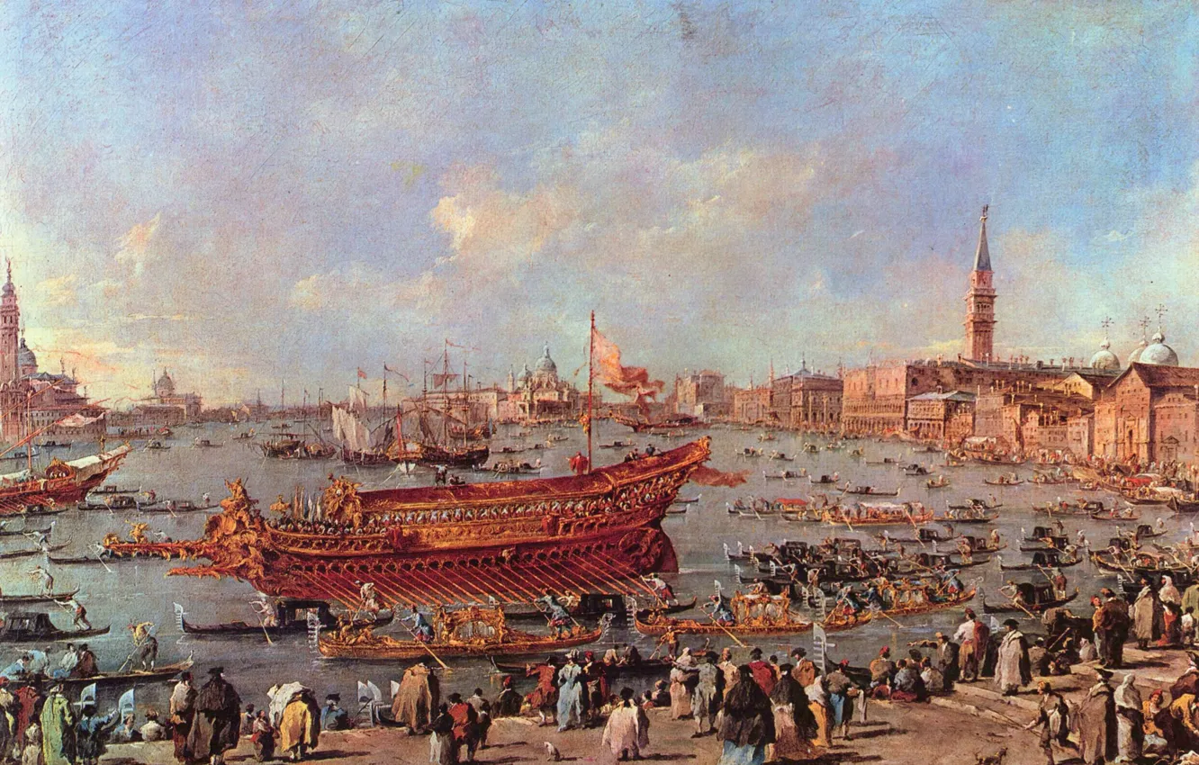 Фото обои люди, праздник, корабль, лодки, венеция, италия, francesco guardi, франческо гварди