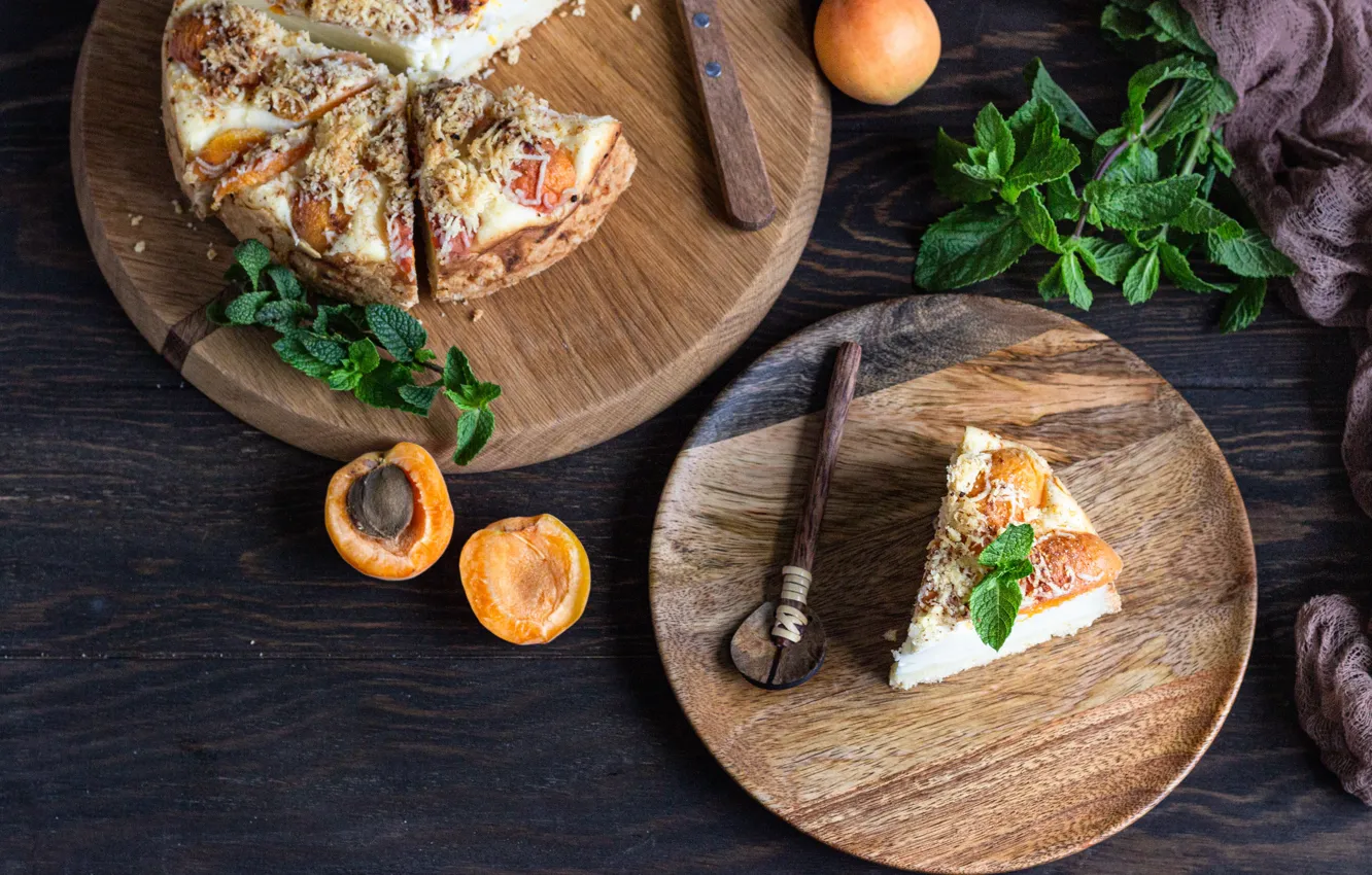 Фото обои фрукты, абрикосы, чизкейк