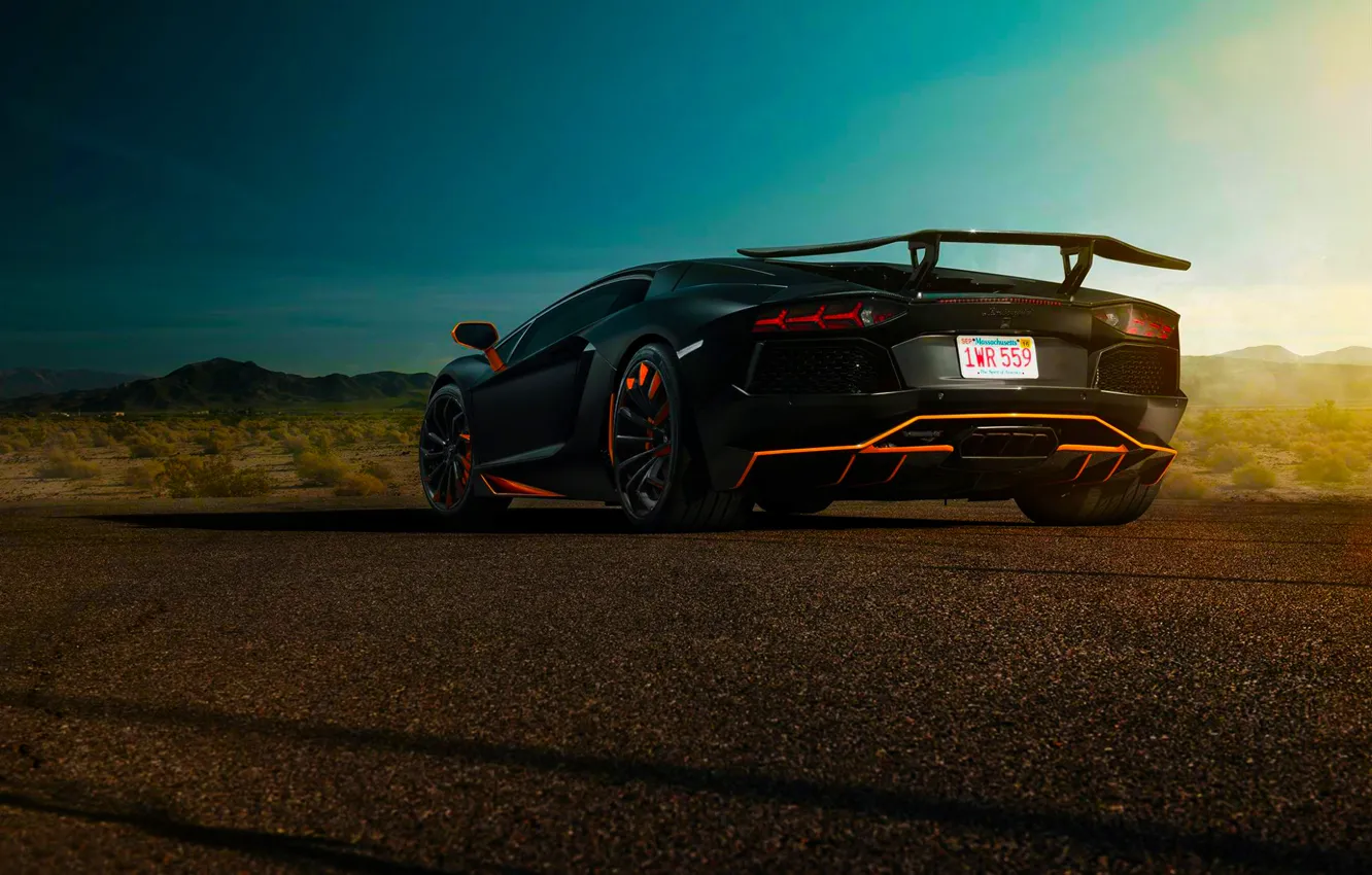 Фото обои Lamborghini, Sky, Blue, Black, Sun, LP700-4, Aventador, Spoiler