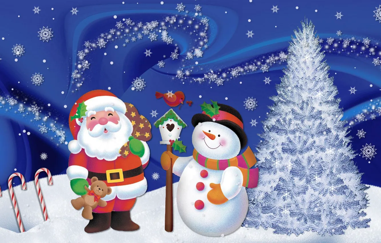 Фото обои снег, снежинки, настроение, праздник, новый год, арт, снеговик, дед мороз