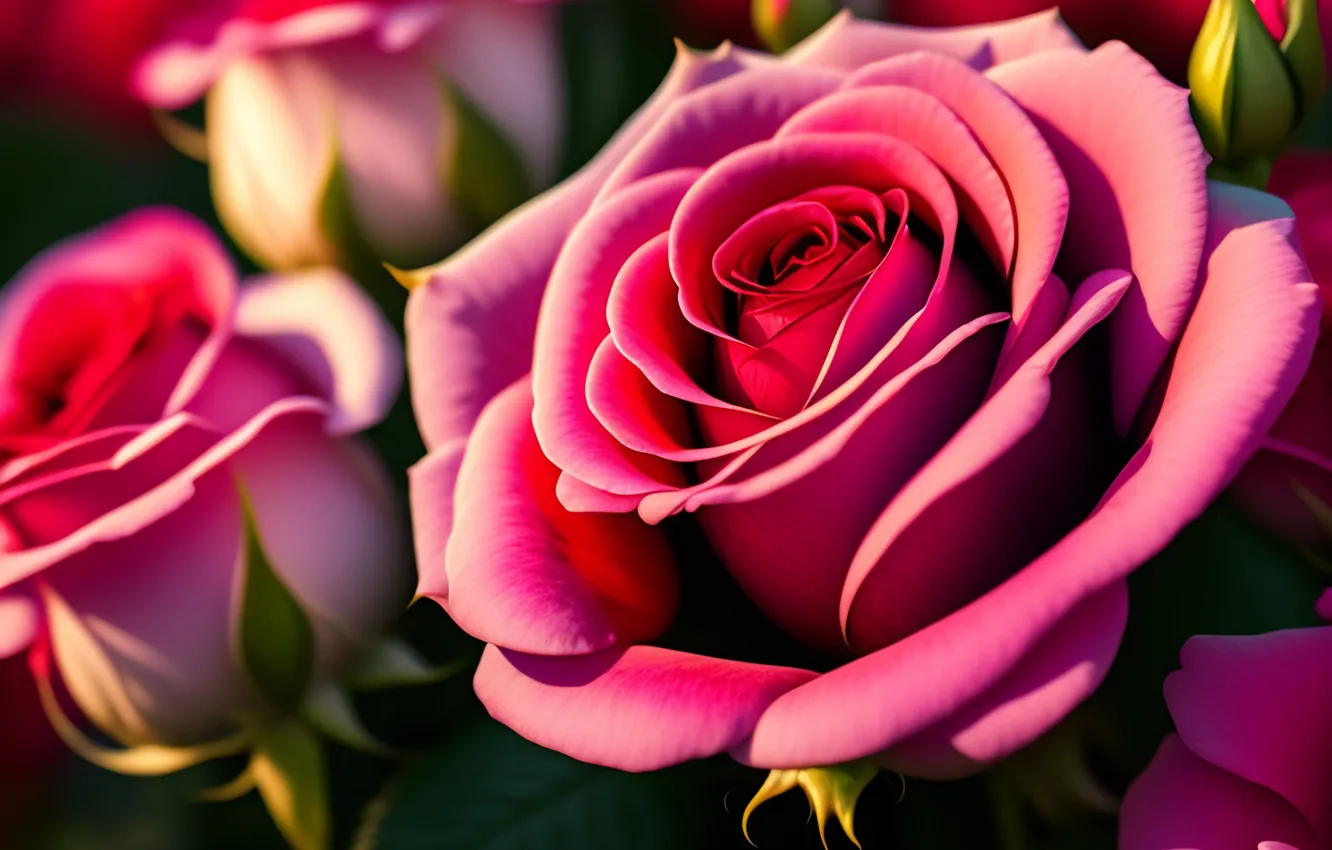 Фото обои розы, розовые, бутоны, нейросеть