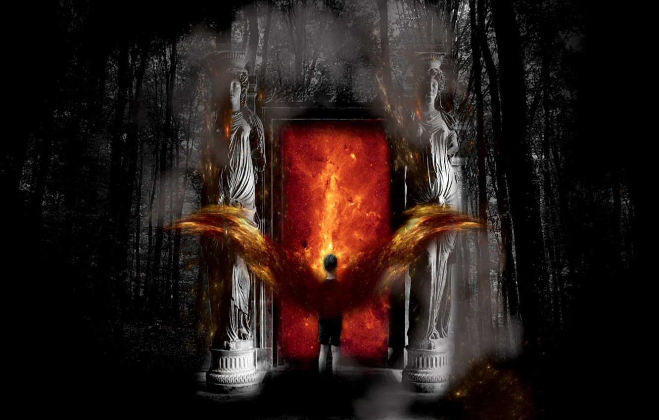 Фото обои лес, дети, статуя, шикарно, вход