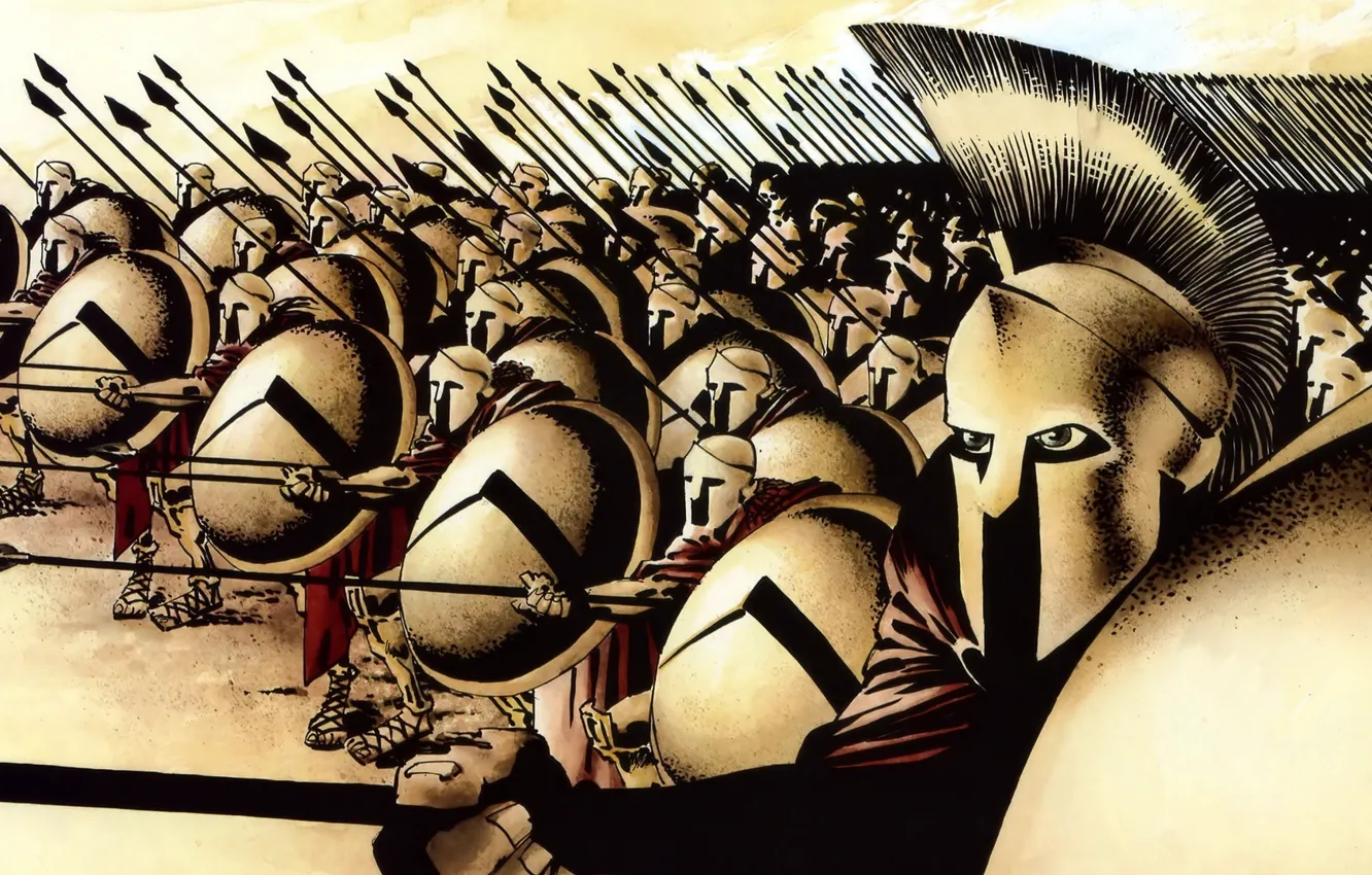 Фото обои рисунок, войны, 300 спартанцев, шлем, щиты, копья, спартанцы, sparta