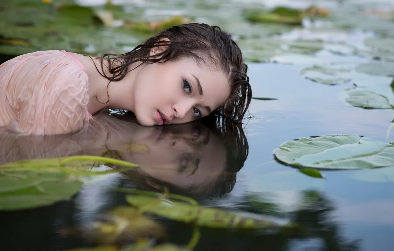Фото обои girl, wet, Asian, long hair, photo, water, model, water drops