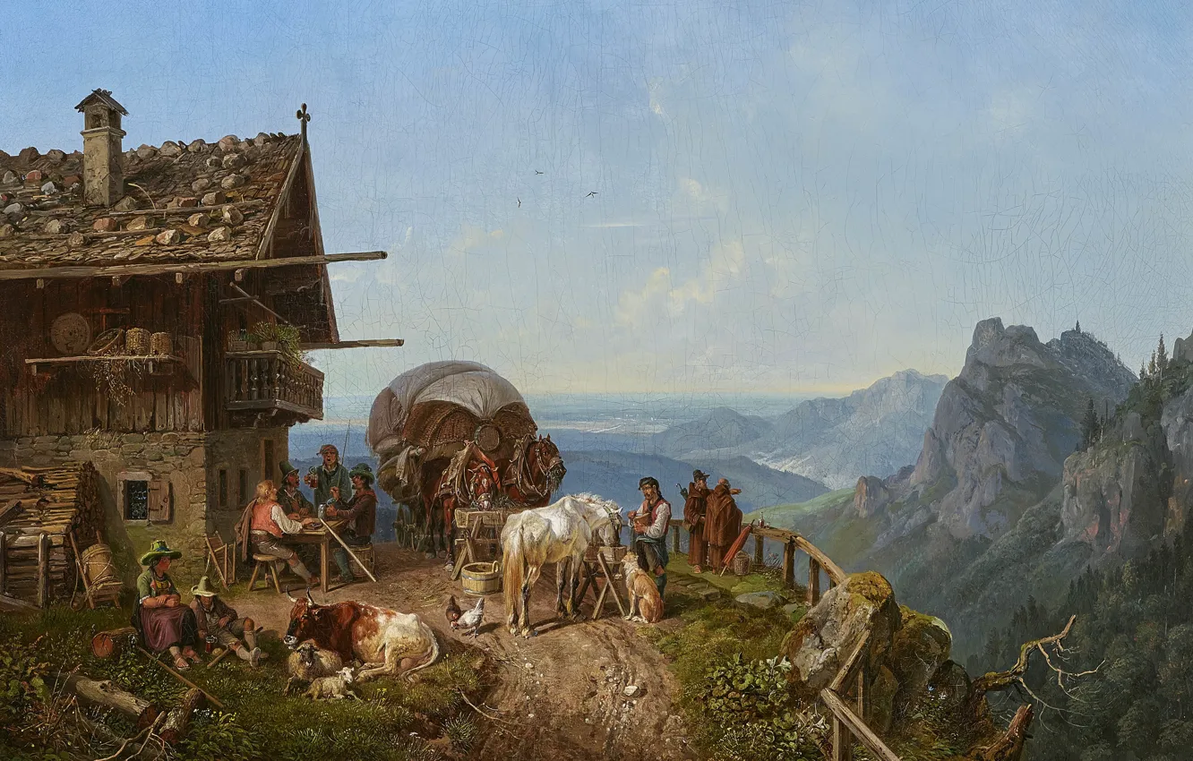 Фото обои 1843, German painter, немецкий живописец, Wirtshaus im gebirge, Генрих Бюркель, Таверна в горах, Heinrich Burkel