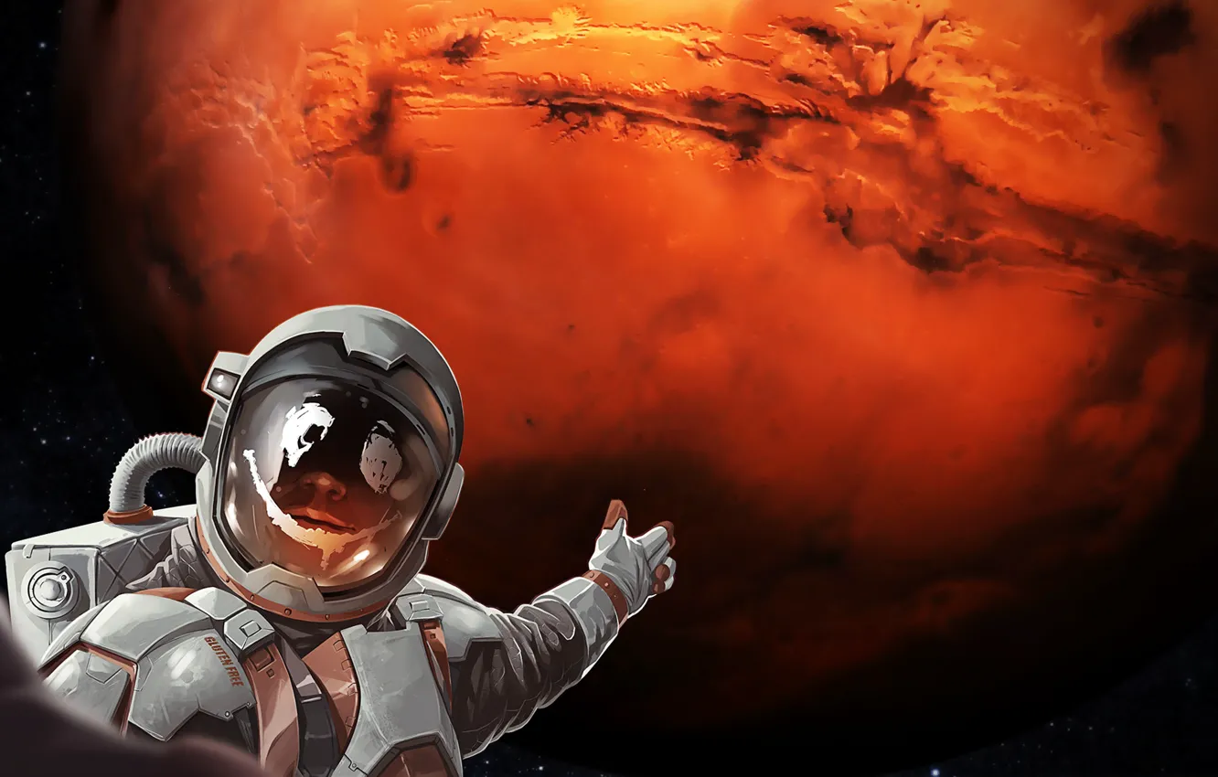 Фото обои Скафандр, Планета, Космос, Космонавт, Space, Mars, Illustration, Science Fiction