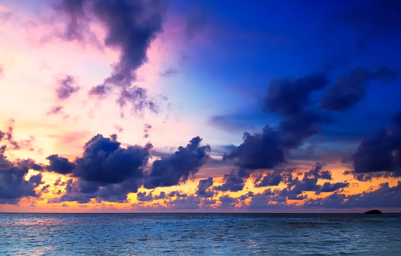 Фото обои море, небо, облака, закат, тропики, горизонт, Мальдивы