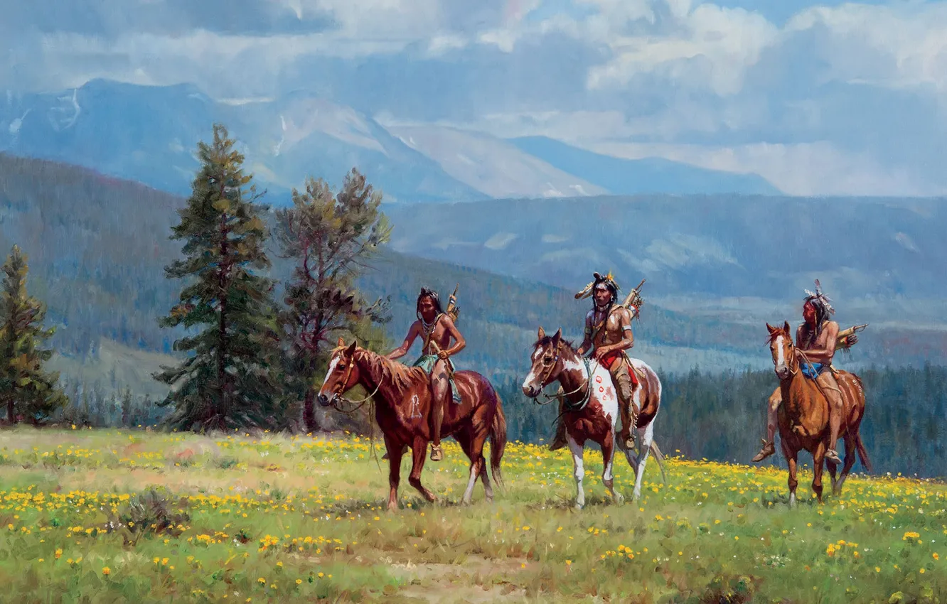 Фото обои Горы, Трава, Картина, Индейцы, Лошади, Трое, Martin Grelle, Американский художник