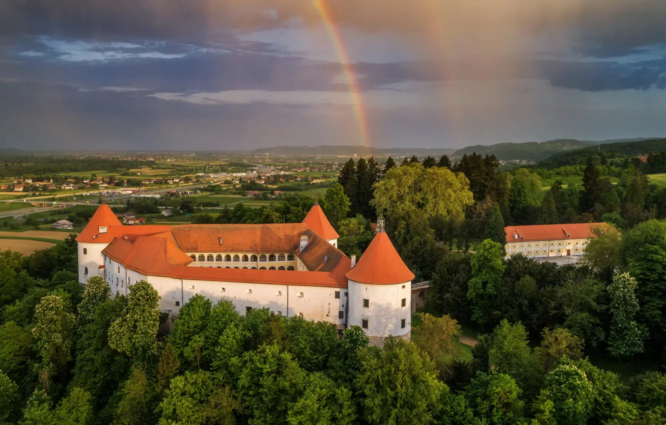 Фото обои деревья, замок, радуга, Словения, Slovenia, Mokrice Castle, Замок Мокрице, Brežice