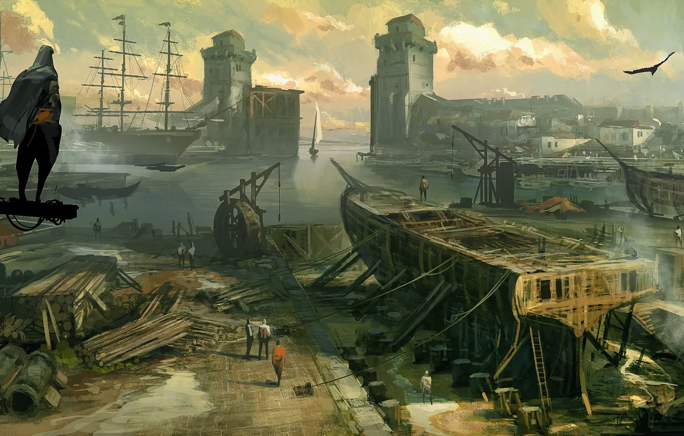 Фото обои море, карабль, порт, эцио, assassins creed revelations