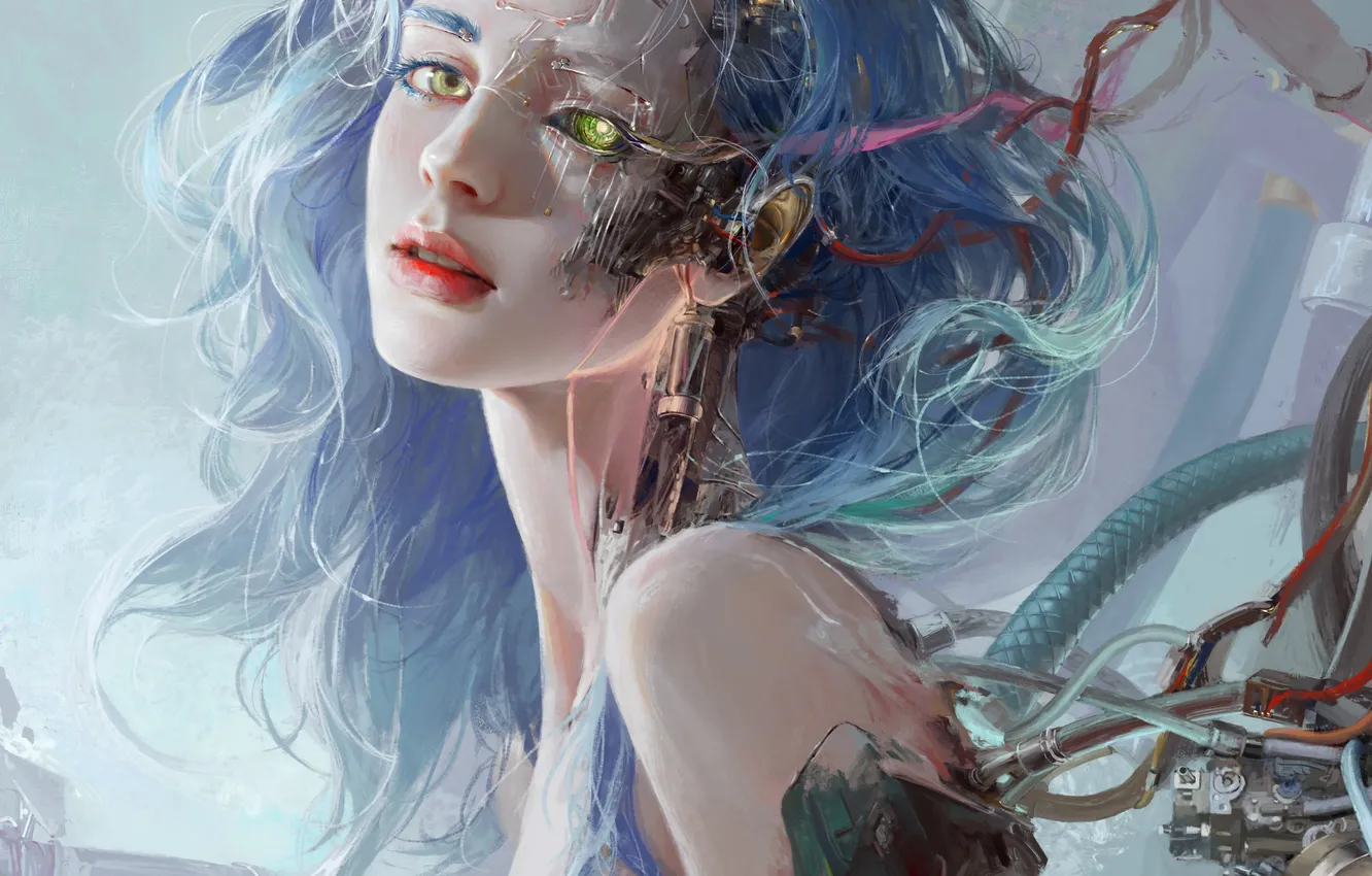 Фото обои girl, fantasy, digital art, artwork, fantasy art, Cyborg, blue hair, fantasy girl