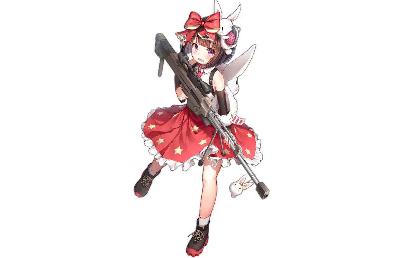 Фото обои ботинки, мини юбка, белый фон, снайперская винтовка, Kantai Collection, белый кролик, красный бантик, Флотская Коллекция
