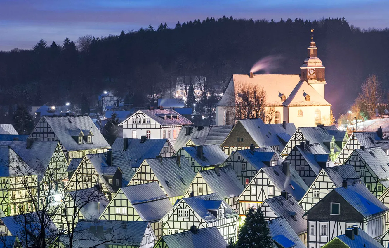 Фото обои зима, крыша, пейзаж, огни, дома, вечер, Германия, Северный Рейн-Вестфалия