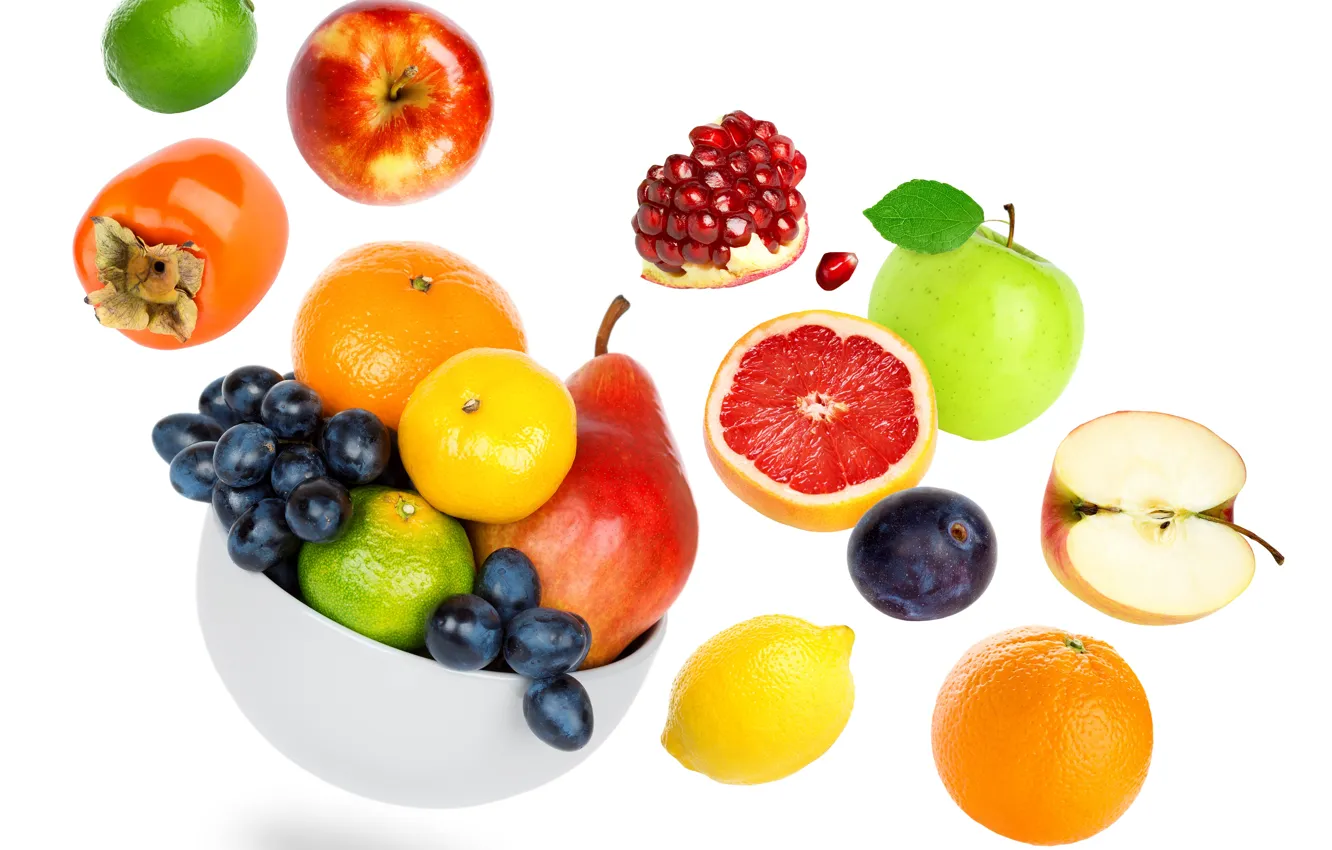 Фото обои лимон, яблоки, апельсин, виноград, фрукты, грейпфрут, гранат