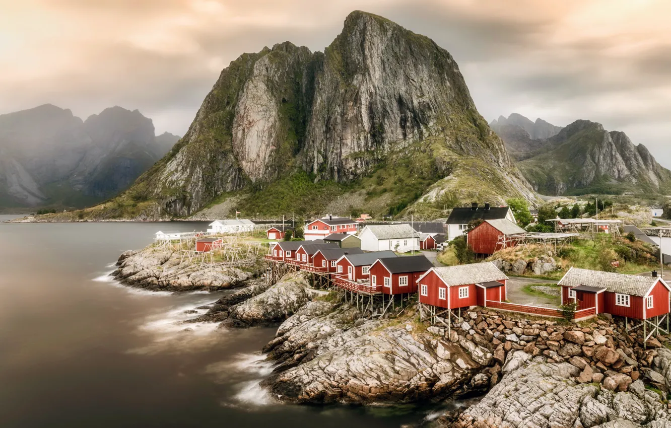 Фото обои море, горы, город, Norway, Lofoten, Hamnøy Bridge