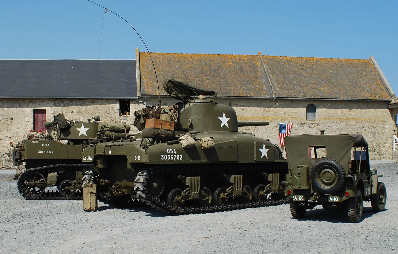 Фото обои войны, танк, военная техника, средний, 1944, Jeep, M4 Sherman, мировой