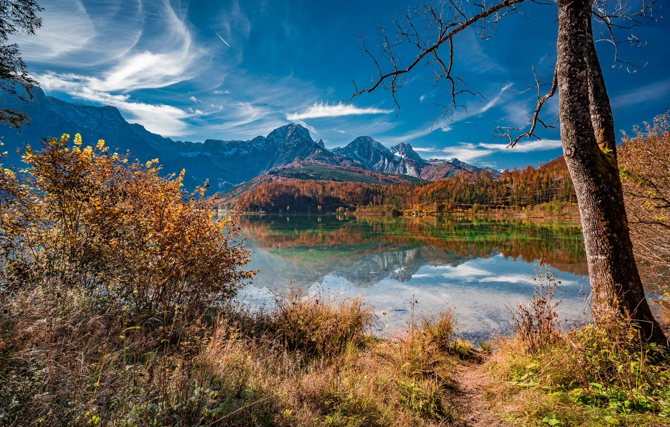 Фото обои осень, пейзаж, горы, природа, озеро, отражение, дерево, Австрия