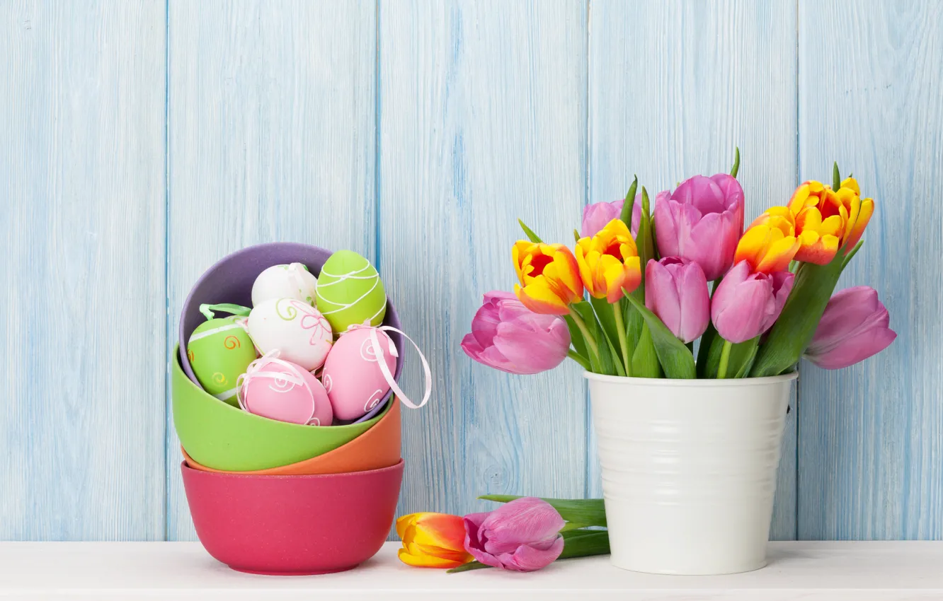 Фото обои цветы, праздник, букет, пасха, тюльпаны, декор, Easter, egg