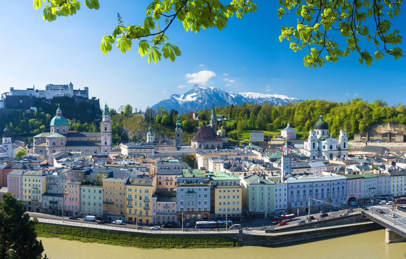 Фото обои горы, мост, река, здания, дома, Австрия, панорама, набережная