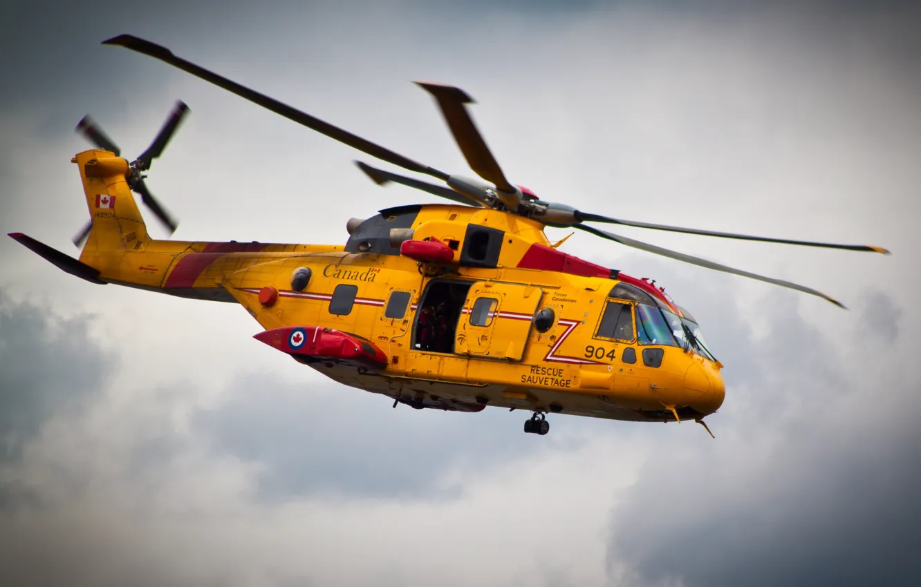 Фото обои полет, желтый, вертолет, канада, спасатель