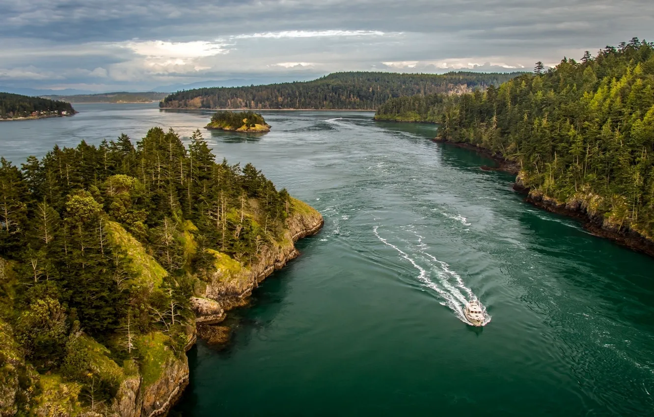 Фото обои острова, остров, катер, залив, леса, Washington, штат Вашингтон, Puget Sound