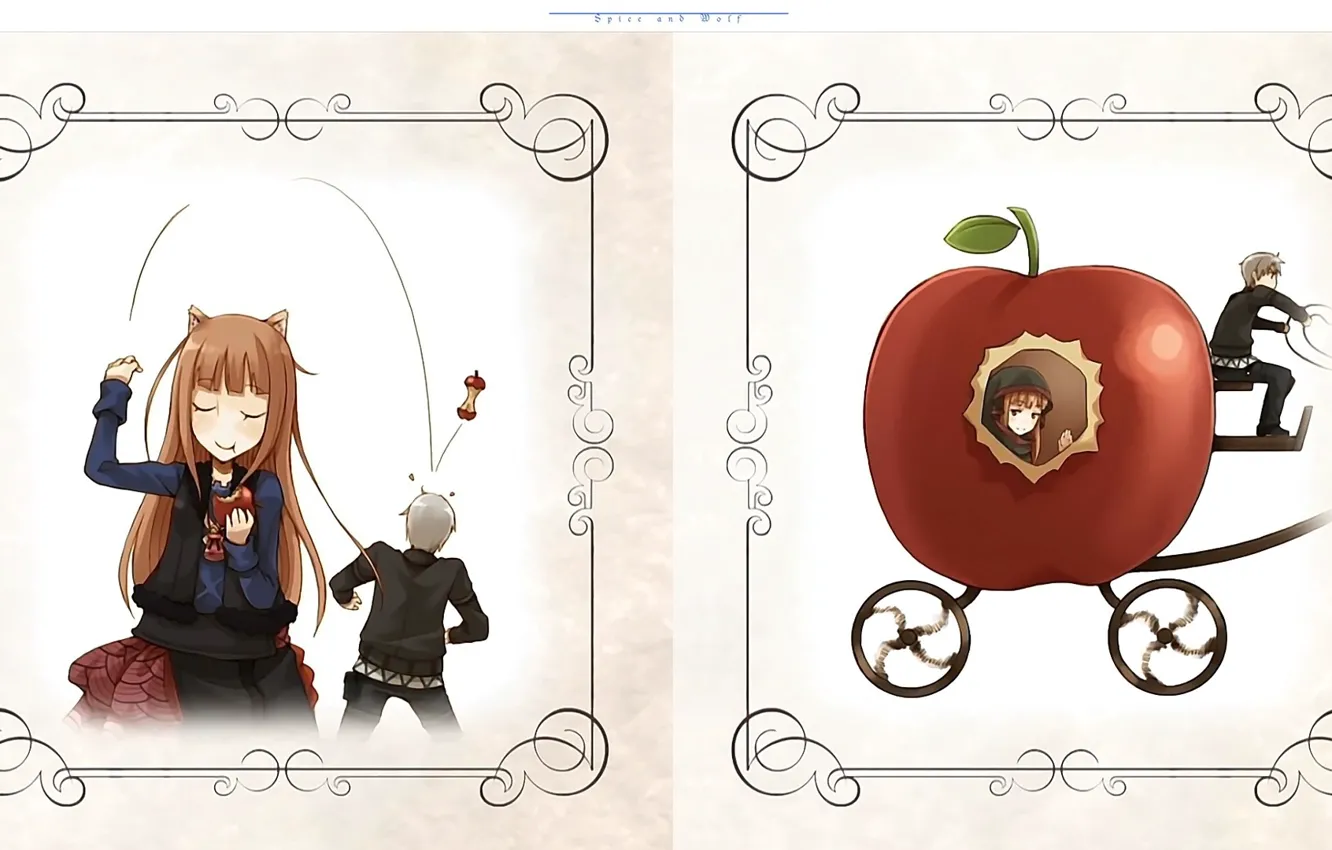 Фото обои яблоко, огрызок, карета, бросок, Spice and Wolf, Волчица и Пряности, Horo, виньетка