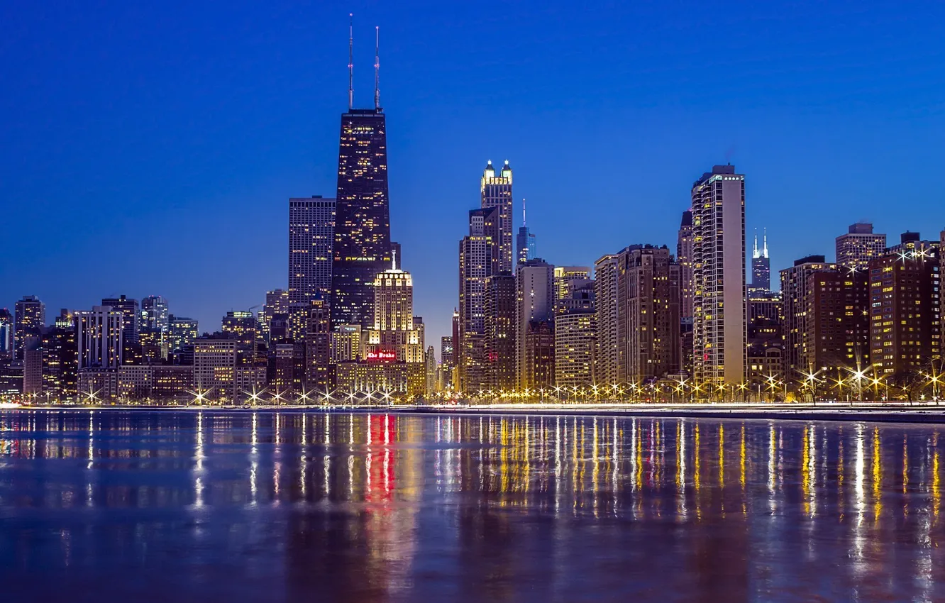 Фото обои ночь, city, огни, небоскребы, USA, америка, чикаго, Chicago