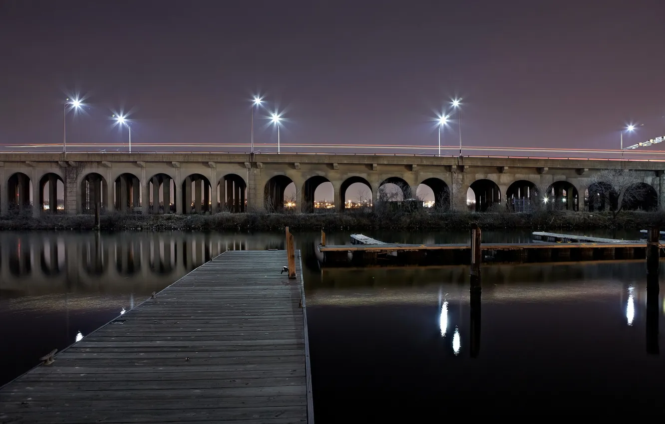 Фото обои ночь, мост, город, озеро