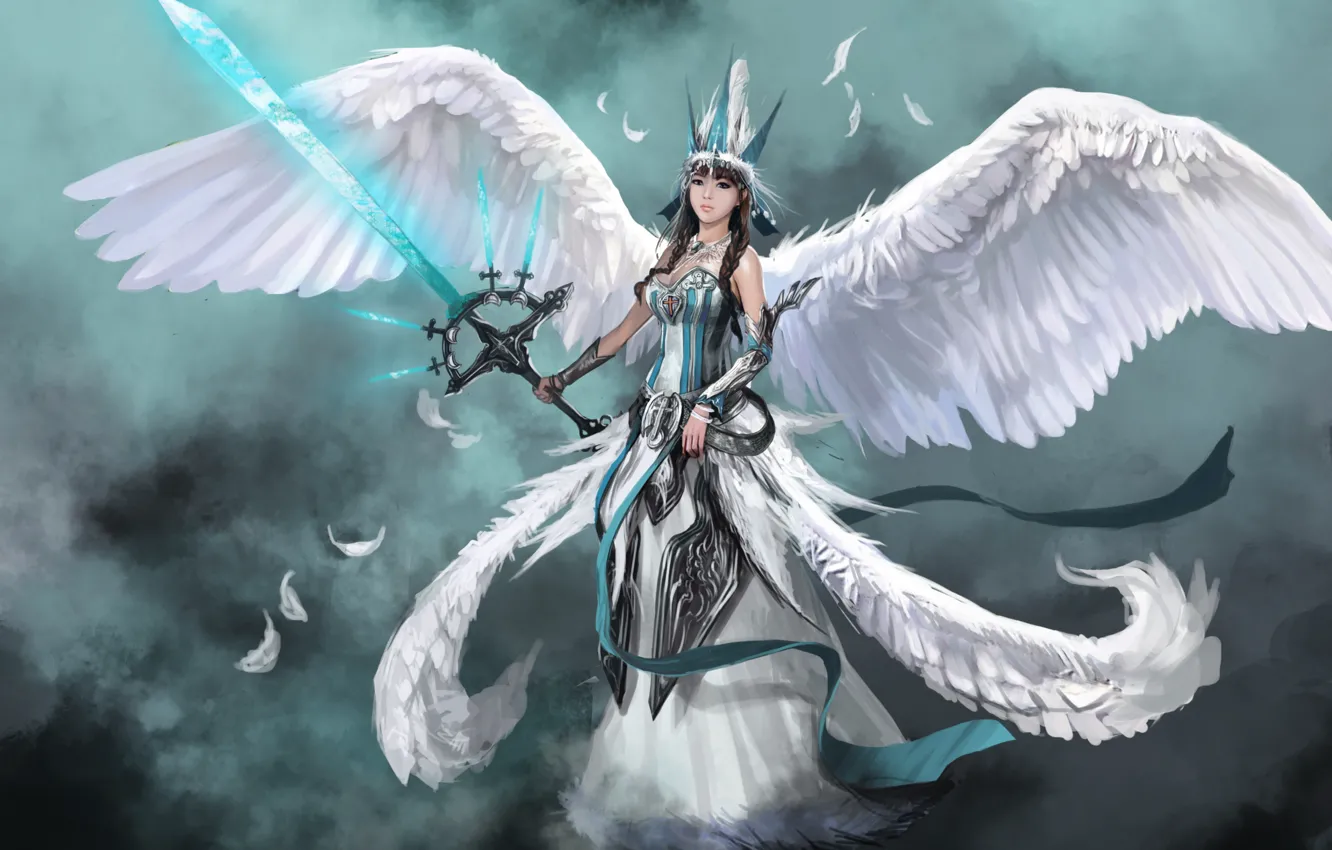 Фото обои девушка, оружие, фантастика, крылья, ангел, меч, перья, арт