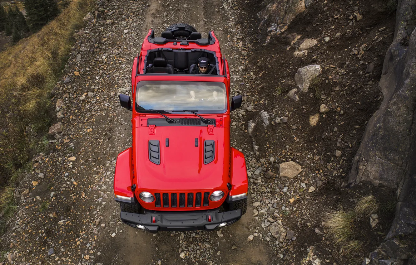 Фото обои красный, капот, вид сверху, 2018, Jeep, Wrangler Rubicon
